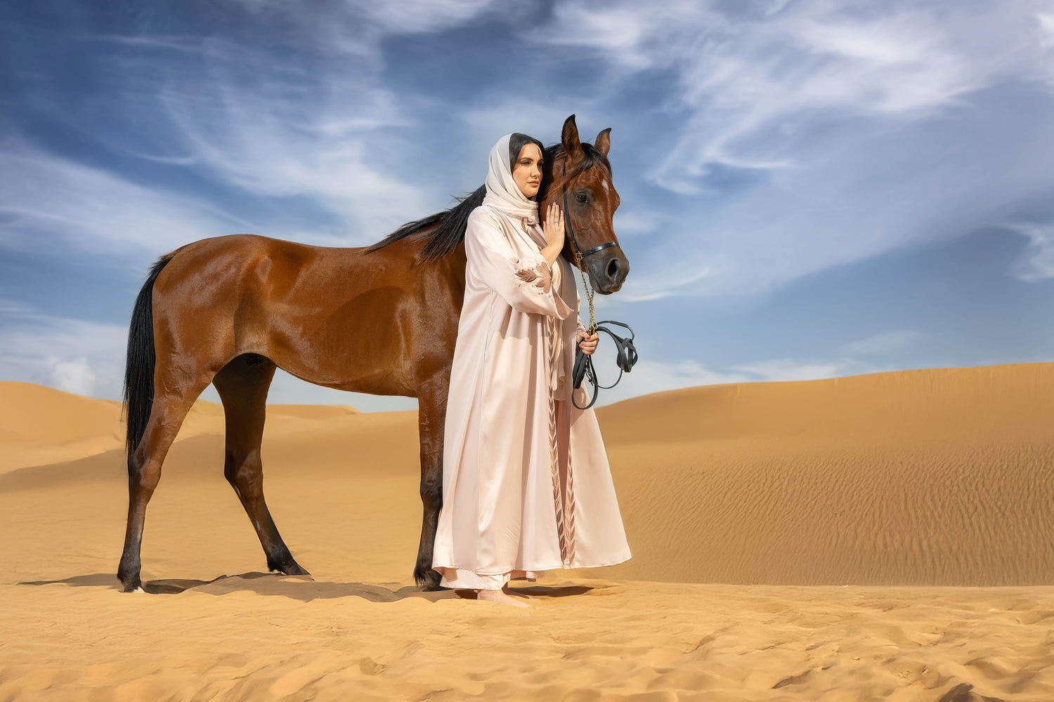 lady with a horse in desert